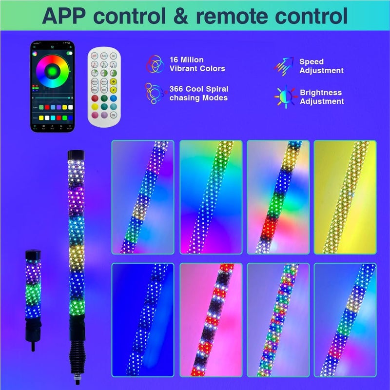 cezelux Fat Whip Lights, 2 Pack 3ft LED Whip Lights with Spring Base App & Remote Control Rocker Switch Spiral RGB Chasing Lighted Antenna Stick Fat Whips Light for ATV UTV Can-Am SXS Truck RZR - Image 5